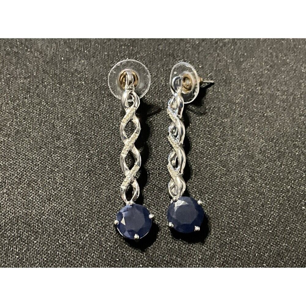 925 WDC Diamond & Sapphire Dangle Post Earrings